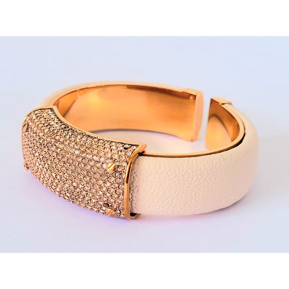 Signed Iconic Henri Bendel Double Hinged Cuff Bracelet Crystals Leather Vintage - Picture 7 of 9